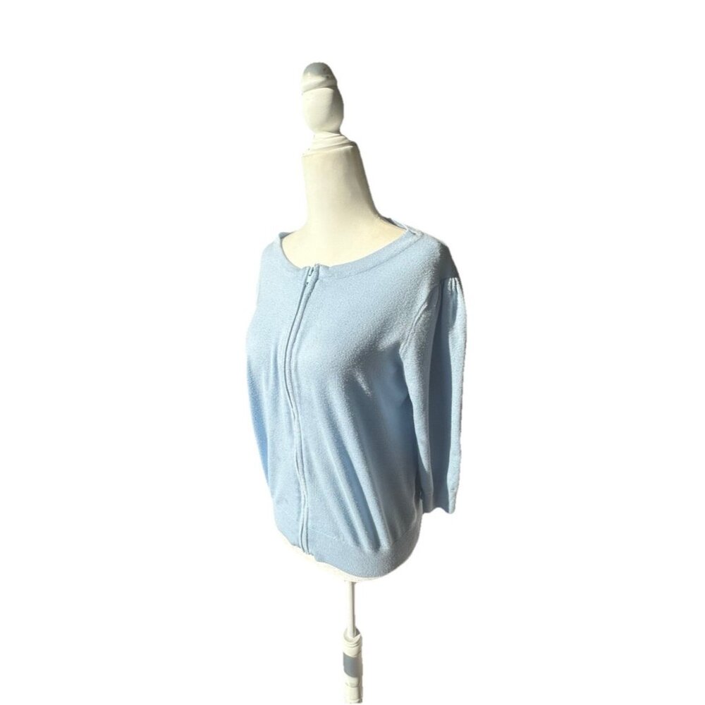 Philosophy Blue Knit 3/4 Sleeve Zip Sweater Sz M Puff Sleeve Basic Preppy